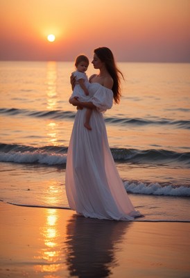 Mother and daughter sunset beach