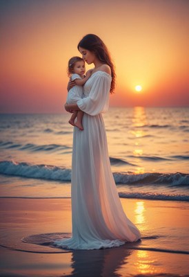 Mother and daughter at sunset beach
