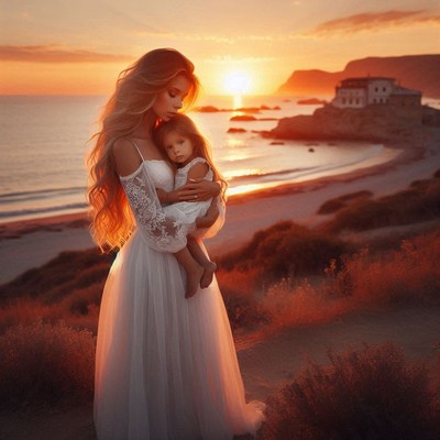 Mother and daughter sunset embrace