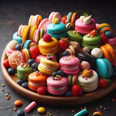 Colorful macarons on wooden platter