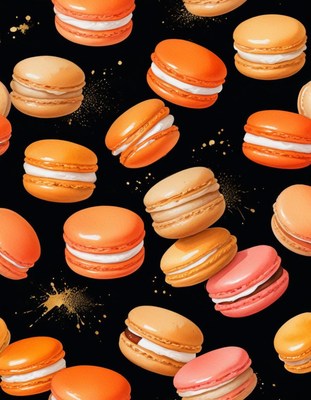 Colorful macarons floating on black background