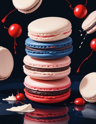 Colorful macarons with cherries