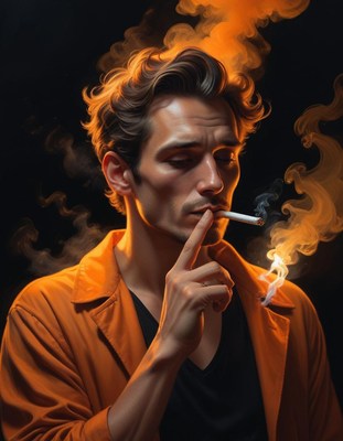 Man smoking cigarette in orange jacket