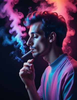 Man smoking in neon light