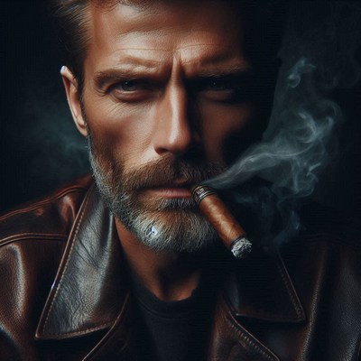 Man smoking cigar in leather jacket