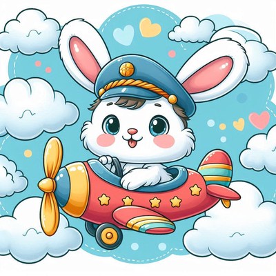 Bunny pilot flying airplane in clouds