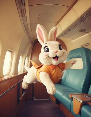Bunny mascot flying in airplane cabin