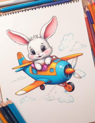 Bunny pilot in airplane drawing