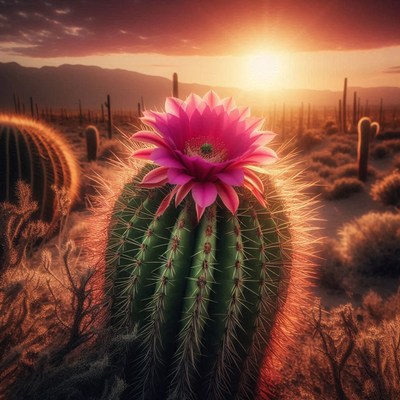Blooming cactus at sunset