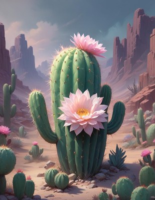 Blooming cactus in desert landscape