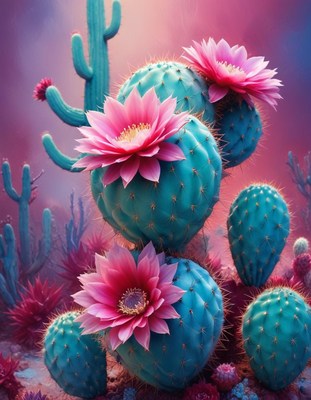 Blooming cactus in desert landscape