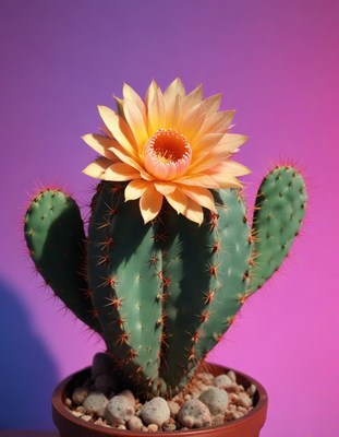 Blooming cactus on purple background