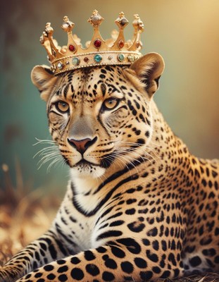 Leopard wearing a golden crown