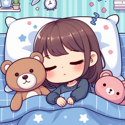 Girl sleeping with teddy bears
