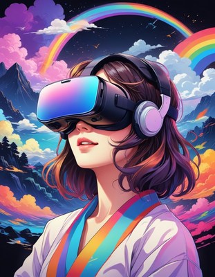 Woman wearing vr headset with rainbow background