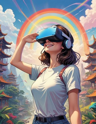 Woman exploring virtual reality landscape