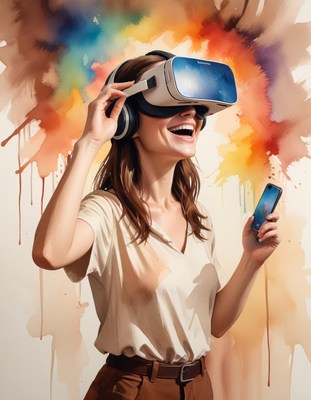 Woman wearing vr headset and holding phone