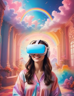 Woman experiencing virtual reality in dreamy setting