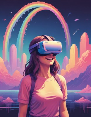 Woman experiencing vr cityscape