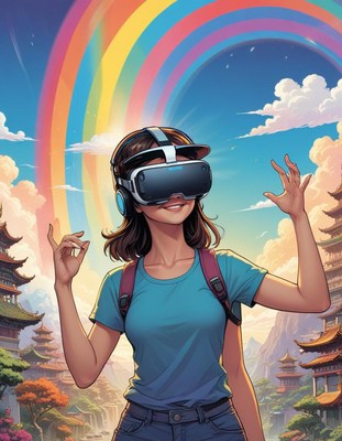 Woman exploring virtual reality landscape