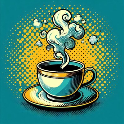 Steaming cup of coffee on a teal background