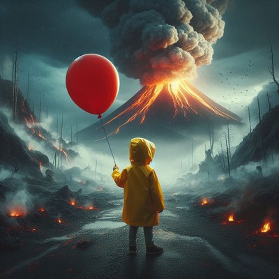 Child with balloon after volcanic eruption