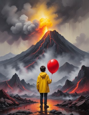 Boy with balloon near erupting volcano