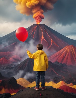 Boy with balloon near erupting volcano