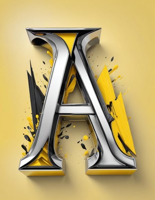 3d silver letter a with yellow and black paint splashes