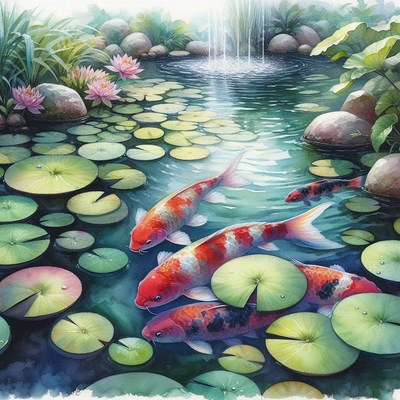 Koi fish swimming in pond with lily pads