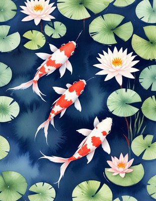 Koi fish swimming in lily pond