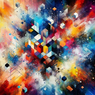 Abstract cube art with watercolor splashes