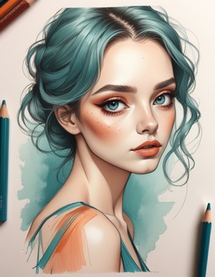 Woman with teal hair and orange blush