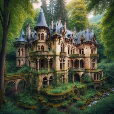 Abandoned chateau in lush forest