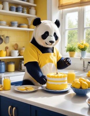 Panda baking birthday cake in kitchen
