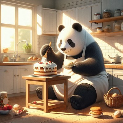Panda decorating cake in kitchen