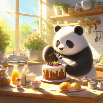 Panda decorating cake in kitchen