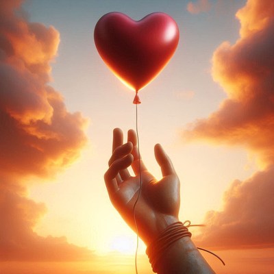 Heart balloon released at sunset