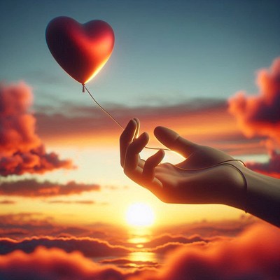 Hand holding heart balloon sunset