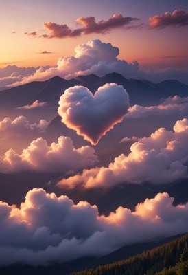 Heart shaped cloud over mountains