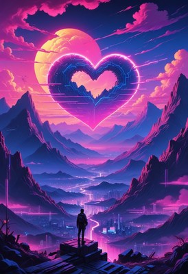 Man gazing at neon heart in mountainous landscape