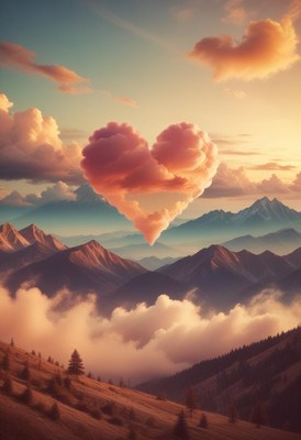 Heart shaped cloud over mountains