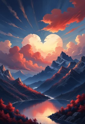 Heart-shaped cloud over mountain range