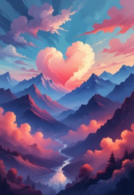 Heart shaped cloud over mountains