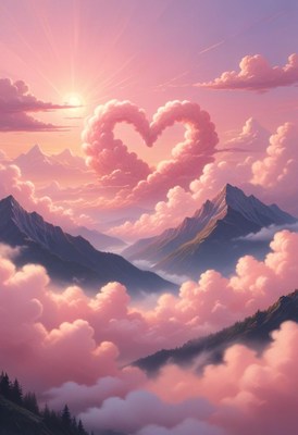 Heart cloud over mountain range