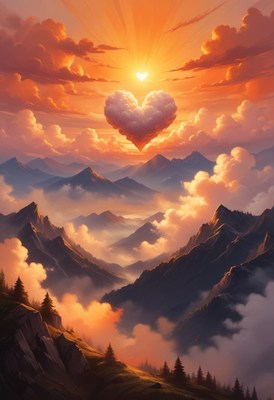 Heart shaped cloud over mountains at sunset