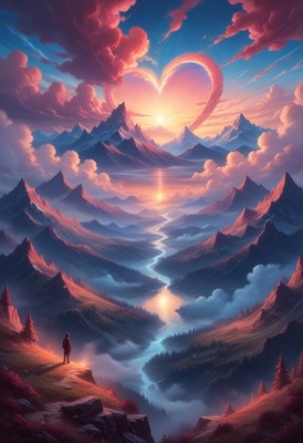 Mountain landscape with heart-shaped cloud
