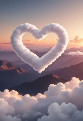 Heart-shaped cloud over mountains at sunset