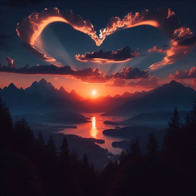 Heart shaped sunset over mountains