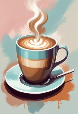 Steaming latte in a blue mug